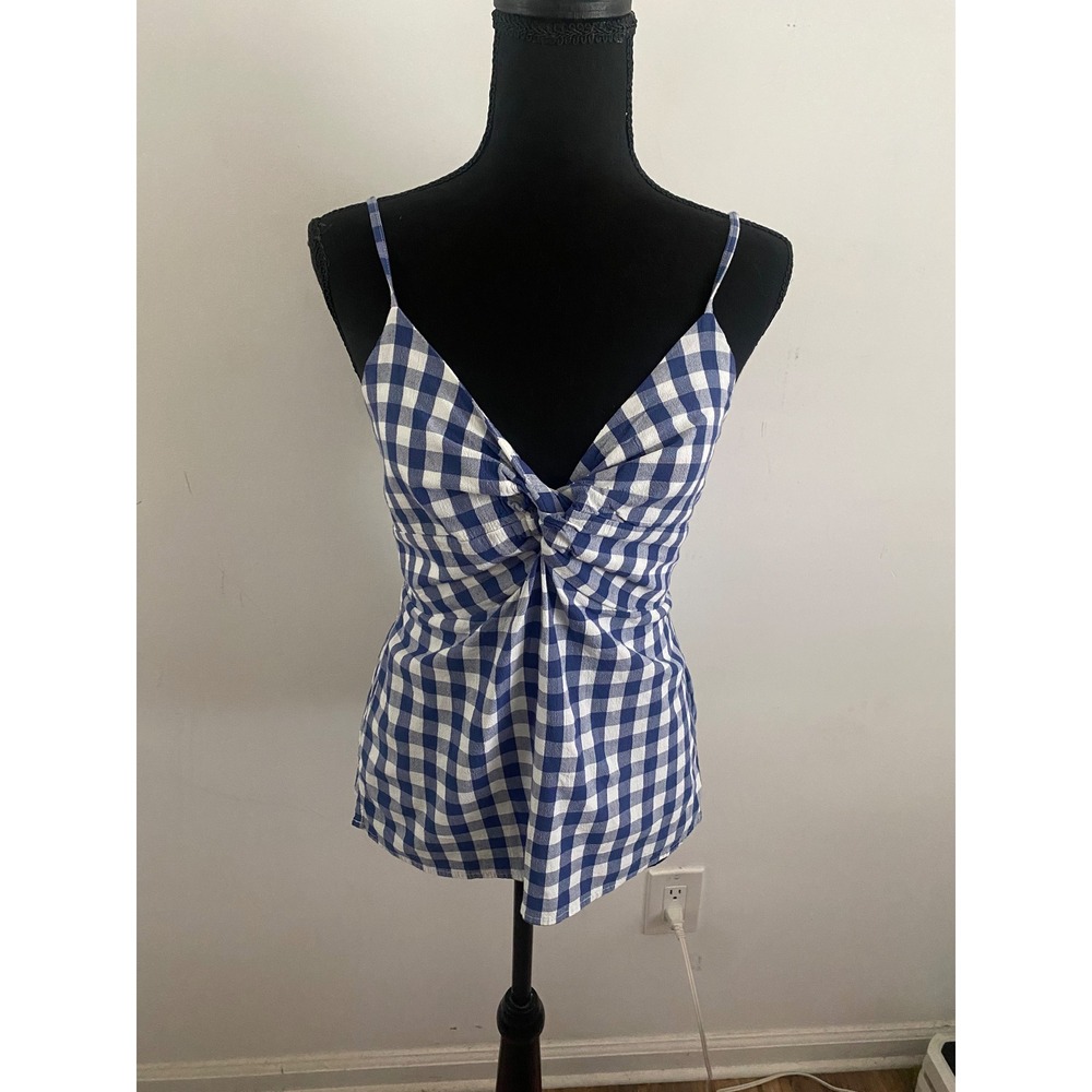 Womens Blue Gingham‎ Twist Front Smocked Back Cami Top PinUp Rockabilly